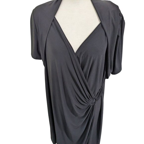 Vintage Womens Plus Size 22 Faux Wrap Dress Solid All Black Short Sleeve Ruched - Picture 5 of 7